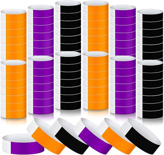 Tudomro 1200 Pack Plastic Paper Wristbands for Events Neon Party Wrist Bands Colored Waterproof Concert Identification Hand Bands Lightweight Adhesive Wristband(Purple, Orange, Black)