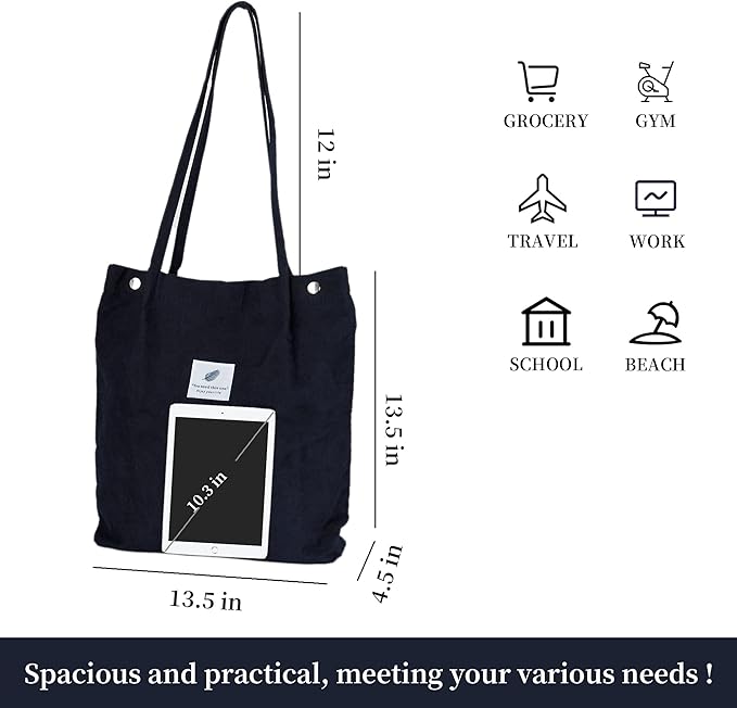 Corduroy Tote Bag Cute Tote Bags for Women Shoulder Bag with Inner Pocket for Work Beach Travel and Shopping Grocery