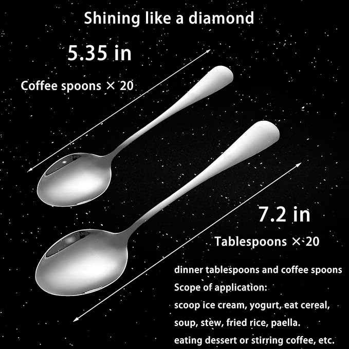 40 Pieces Table Spoons and Coffee Teaspoons Set, Stainless Steel Spoons Silverware, Home Kitchen Cutlery Spoons, Mirror Polished Modern Dessert Spoons