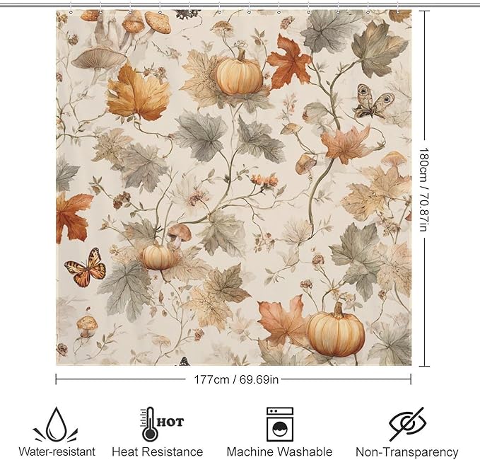 Fall Pumpkin Autumn Thanksgiving Shower Curtain Waterproof Washable Fabric Bathroom Shower Curtains for Bathroom Decorations Home Indoor Decor 72x72Inch