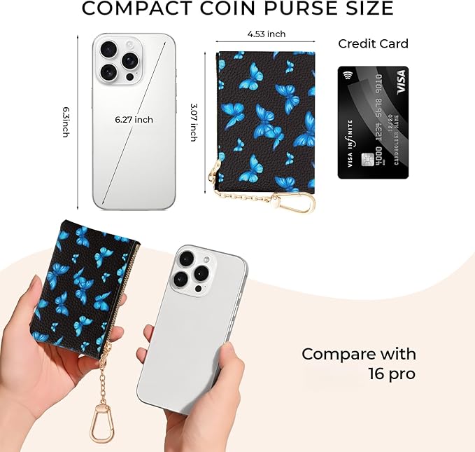 Blue Butterfly Keychain Coin Purse for Women, Small PU Leather Change Pouch, Zipper Little Tiny Travel Wallet for Girls, Cute Kawaii Zip Pocket Coin Holder with Key Ring