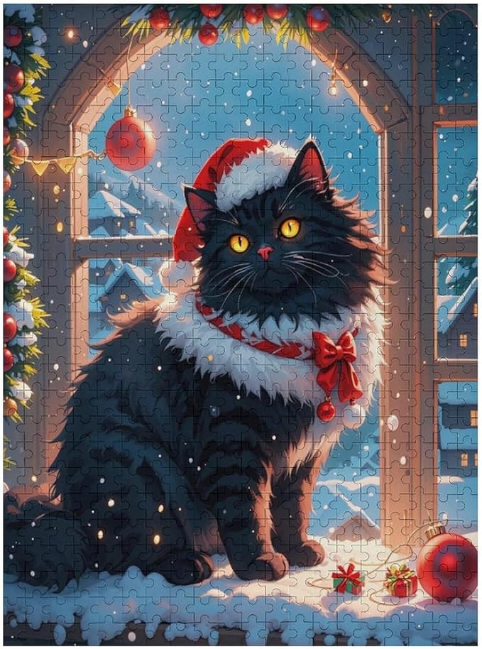 Jigsaw Puzzles for Adults 500 Piece - Christmas Black Cat Wooden Puzzles, Educational Games，Challenge Puzzles Puzzle Games, Stress Relief Games