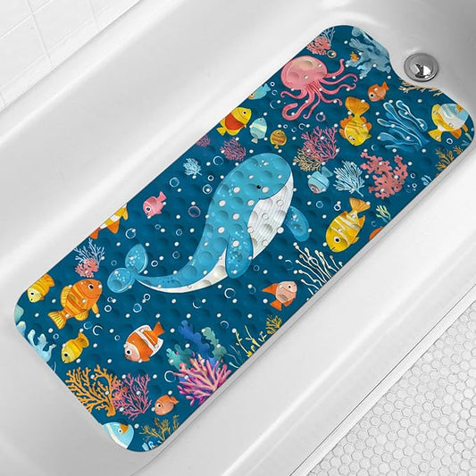 LNOND Bath Mat for Tub for Kids, Boy Toddler Bathtub mat Non Slip, Ocean Fish Kids Bath Mats for Bathroom Non Slip with Drain Holes and Suction Cups,Machine Washable (40 X 16 Inch)