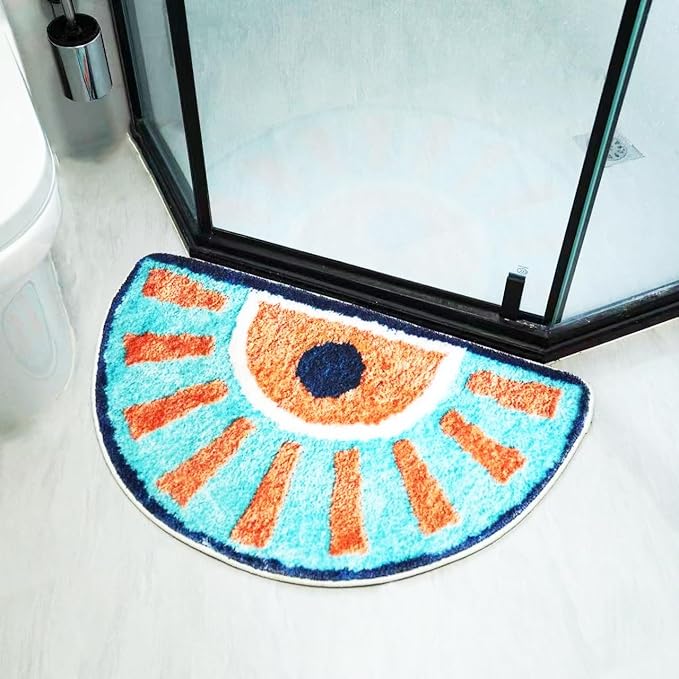 Washable Cute Bath Mat for Bathroom,31x20 Half Circle Non-Slip Small Bath Rugs, Absorbent Quick Dry Bath Mats, Plush Carpet for Bathtub, Boho Farmhouse Decor (Blue Sunshine)