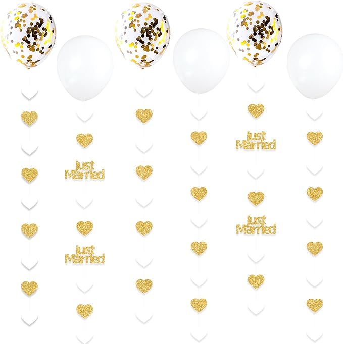 Gold Just Married Wedding Party Decorations Gold/White Heart Just Married Garland and Balloons for Wedding Bridal Shower Party