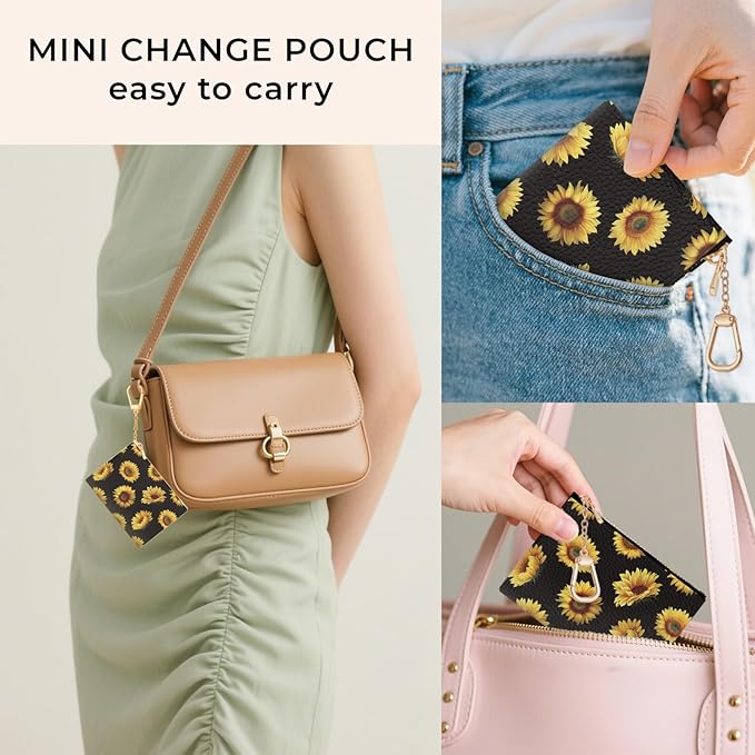Sunflower Keychain Coin Purse for Women, Small PU Leather Change Pouch, Zipper Little Tiny Travel Wallet for Girls, Cute Kawaii Zip Pocket Coin Holder with Key Ring