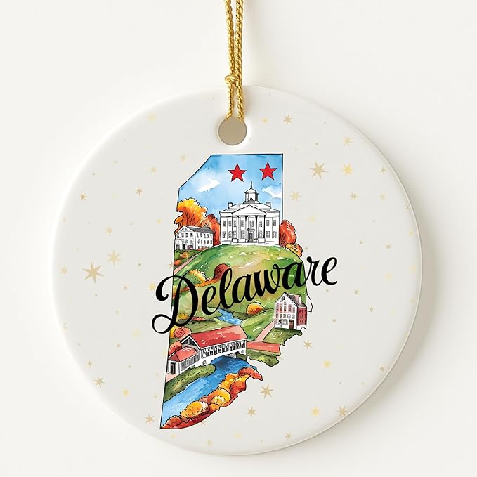 USA State Landmark Ceramic Ornament – Round Glossy Christmas Decoration Featuring U.S. State Art, Landmarks & Holiday Scenery – Collectible Travel Souvenir Ornament Series (Delaware)