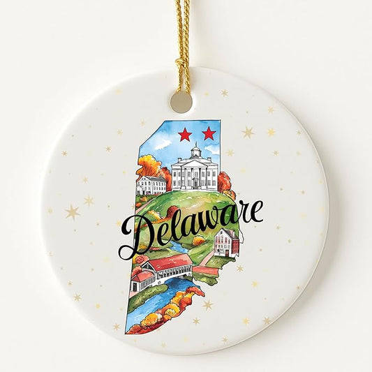 USA State Landmark Ceramic Ornament – Round Glossy Christmas Decoration Featuring U.S. State Art, Landmarks & Holiday Scenery – Collectible Travel Souvenir Ornament Series (Delaware)