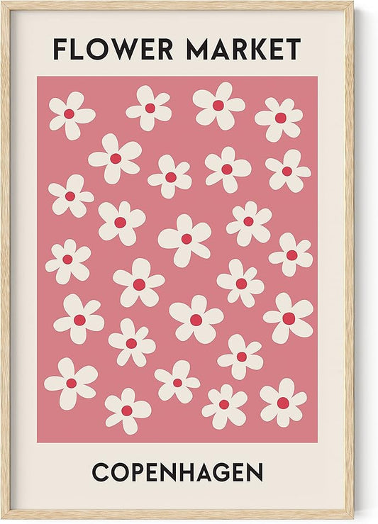 HAUS AND HUES Flower Market Poster, Danish Pastel Wall Art, Floral Prints and Decor, Pastel Flowers Wall Poster (Beige Framed, 24" x 36")