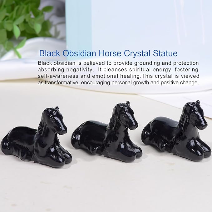 2.2 Inch Black Obsidian Horse Crystal Figurines,Hand-Carved Healing Crystals Decor, Horse Statues Stone Energy Gemstones,in Bedroom Office Meditation Memorial Gifts for Girls and Women