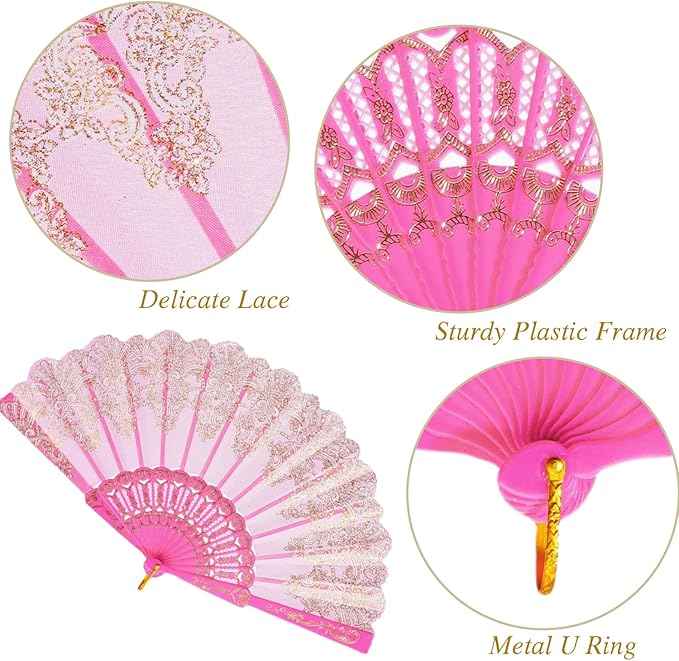 QIRMIZI 30 Pack Folding Handheld Fans,Silk Spanish Fan, Perfect for Weddings, Parties, and Dancing,Pink