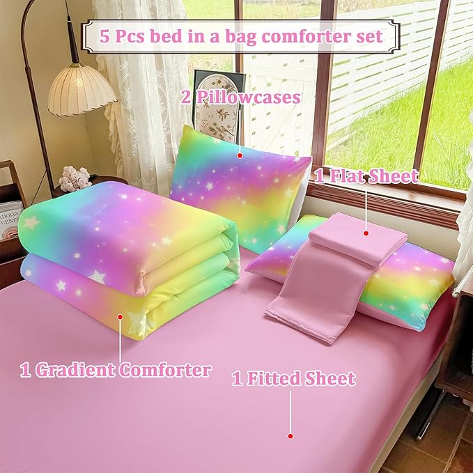Rainbow Bedding Set Full Size – 5 Piece Reversible Girls Comforter with Deep-Pocket Sheet, Gradient Galaxy Design, Whole-Piece Filling, Machine Washable Bed-in-a-Bag for Kids Room Makeover & Gifts