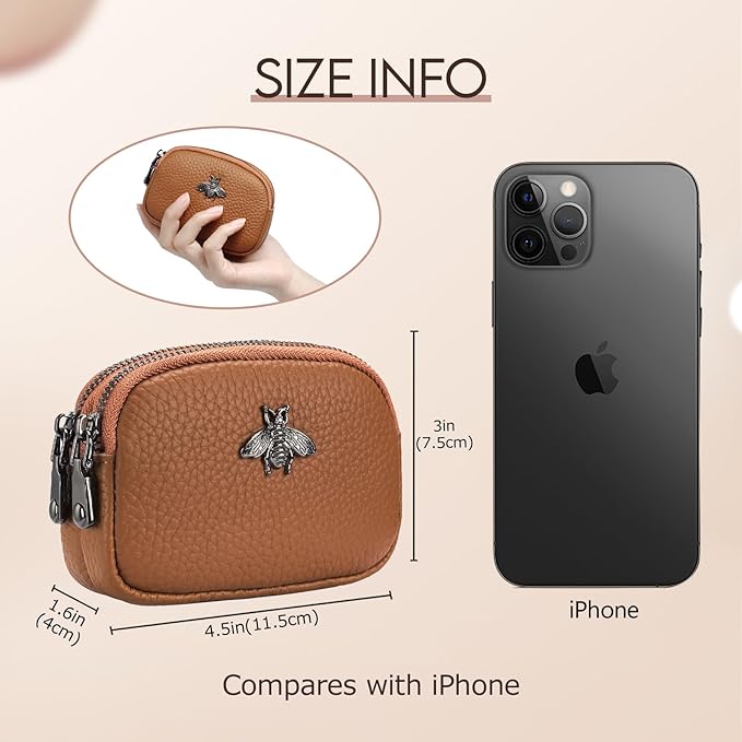 imeetu Women Leather Coin Purse, Small 2 Zippered Change Pouch Wallet