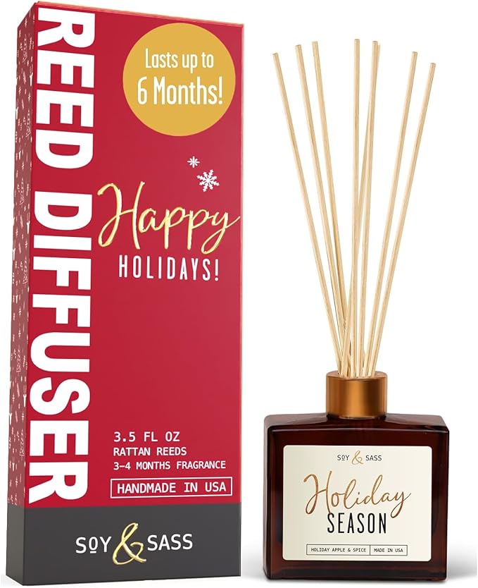 Holiday Diffuser, Holiday Reed Diffusers for Home Christmas Décor - w/Apple & Spice I Infused w/Essential Oils I 3.75 OZ Oil I Long-Lasting Scent Lasts 4-6 Month's I Made in The USA