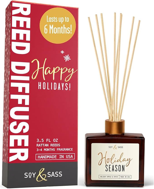 Holiday Diffuser, Holiday Reed Diffusers for Home Christmas Décor - w/Apple & Spice I Infused w/Essential Oils I 3.75 OZ Oil I Long-Lasting Scent Lasts 4-6 Month's I Made in The USA