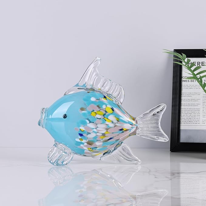 Large Glass Fish Figurine for Home Decor, Hand Blown Art Glass Ocean Animal Statue, Decorative Coastal and Beach Themed Sculpture for Table, Shelf, Bathroom, Living Room or Office