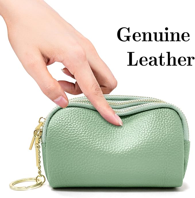 LINNO 3 Zippered Genuine Leather Coin Purse Triple Capacity Change Pouch Little Travel Wallet With Key Ring for Women