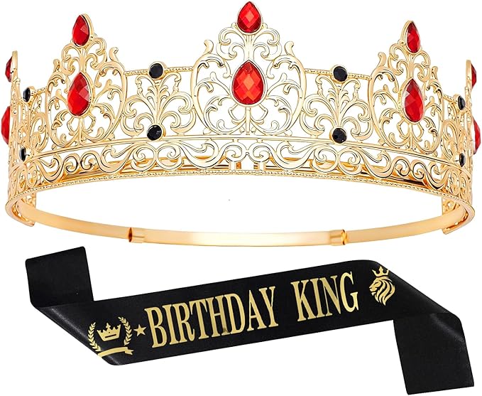 King Crown & Birthday Sash for Birthday Prom Party, Prom Decoration Gifts for Men, Costume Wedding Halloween