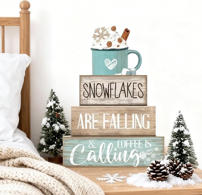 4 Pcs Winter Table Decor Wooden Milk Cocoa Decoration Winter Tiered Tray Centerpiece Decorative Blue Hot Cocoa Block Signs Gift Farmhouse Decoration for Home Kitchen