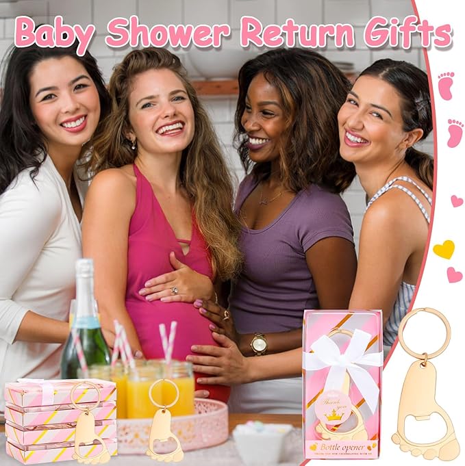 50Pcs Baby Girl Foot Keychain Footprint Bottle Openers Small Foot Bottle Opener Keychain Souvenir for Guests Baby Shower Return Gift for Party Favors with Pink Boxes Gifts or Decorations