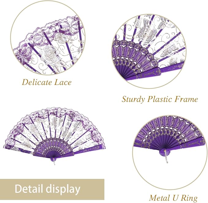 QIRMIZI 30pcs Silk Folding Hand Fans,Silk Fans,Purple Rose Fans,Perfect for Weddings, Parties, and Dancing,Purple