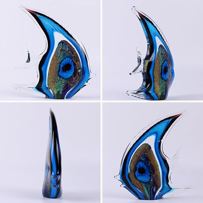 DOVDOV Hand Blown Glass Fish Sculpture, Blue and Colored Glass Fish Decorations, Colorful Home Decorations for Bookshelf, Office, Living Room TV Stand, Room Decor Aesthetics.