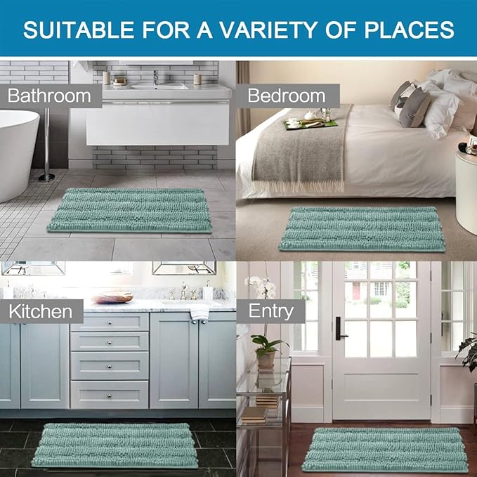 H.VERSAILTEX Bathroom Rugs Bath Rugs for Bathroom Non Slip Bath Mats Extra Thick Chenille Striped Rug 17" x 24" Absorbent Soft Shaggy Washable Dry Fast Bath Mats for Bath Room Floor - Eggshell Blue