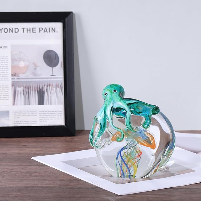 LCCCK Glass Octopus Jellyfish Statue Home Decor, Hand Blown Glass Decor Ocean Figurines Octopus Sculpture, Murano Art Office Desk Paperweights Fish Tank Aquarium Sea Animals Christmas Birthday Gift