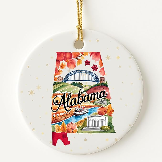 Alabama State Landmark Ceramic Ornament – Round Glossy Christmas Decoration Featuring U.S. State Art, Landmarks & Holiday Scenery – Collectible Travel Souvenir Ornament Series