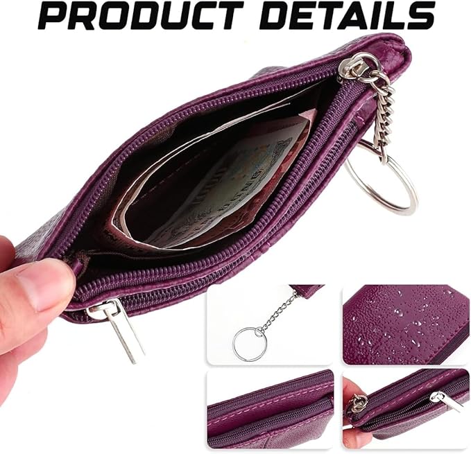 Genuine Leather Wallet Double Zipper Coin Purse Keychain Lychee Mini Change Pocket for Women (Purple)
