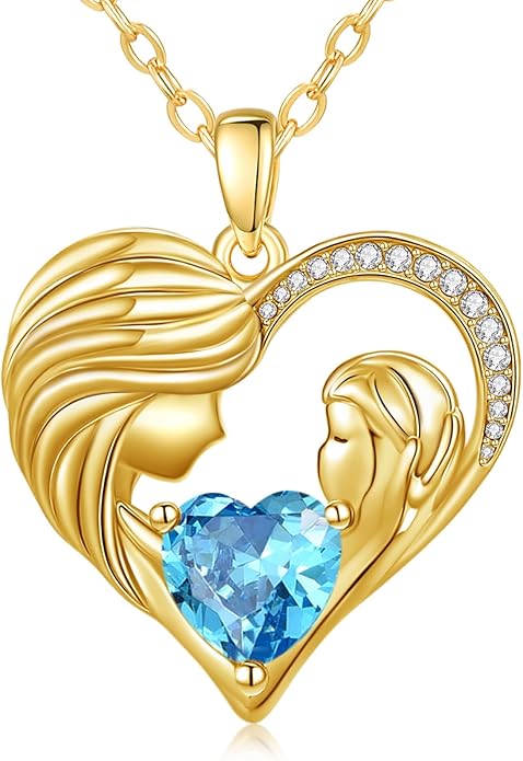 Mother and Daughter/Son Love Heart Necklace White Gold/14K Gold/Rose Gold Birthstone Jewelry Christmas Mothers Day Birthday Gifts For Mom Wife Grandma Women