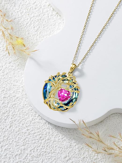 TOUPOP Tree of Life Birthstone Necklace 925 Sterling Silver Pendant Austrian Crystal Jewelry Anniversary Valentine's Day Birthday Gifts for Women Mom Her Wife