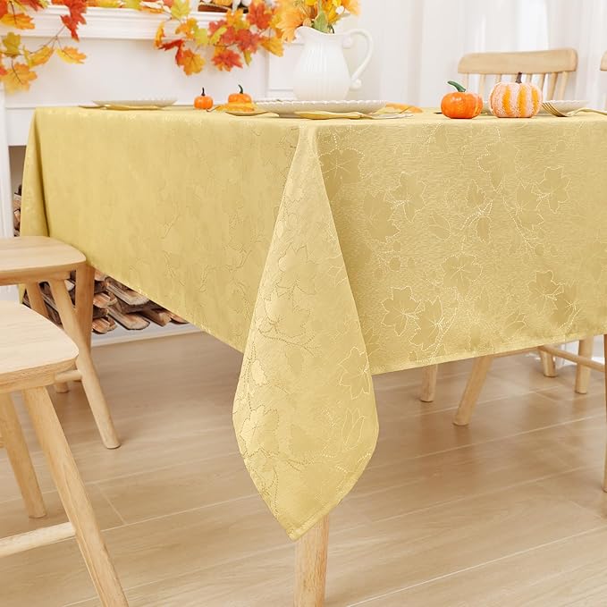 misaya Rectangle Thanksgiving Tablecloth, Waterproof Jacquard Fall Table Cloth, Damask Cloth Table Cover for Harvest Decor (60" x 102", Yellow Maple Leaf)