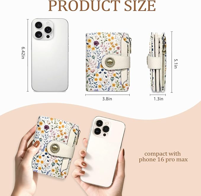 Floral Flowers Small Wallet Women RFID Blocking Bifold, Credit Card Holder, Zipper Coin Pocket, PU Leather, Compact, Travel, 4 ID Window, 14 Card Slots, Cash Purse, Ladies Woman Female Girls