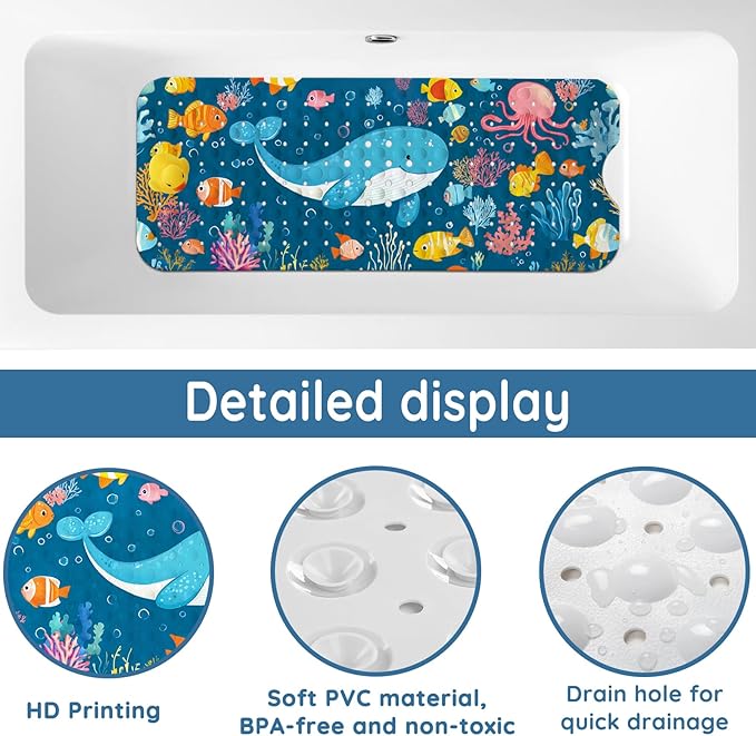 LNOND Bath Mat for Tub for Kids, Boy Toddler Bathtub mat Non Slip, Ocean Fish Kids Bath Mats for Bathroom Non Slip with Drain Holes and Suction Cups,Machine Washable (40 X 16 Inch)