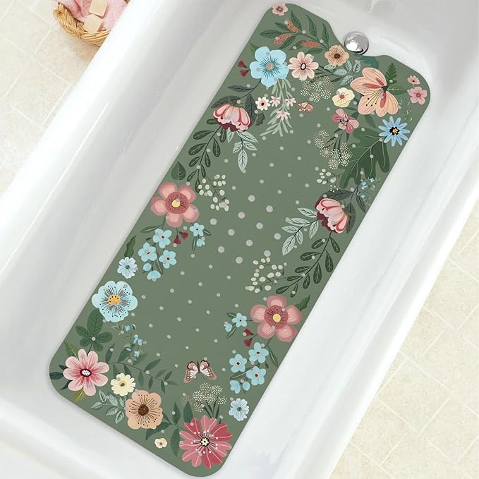 Bathtub Mat Non Slip, Bohemia Extra Long Bath tub Mat Shower Floor Mat with Suction Cups and Drain Holes for Adults Kids Elderly 40 X 16 Inch