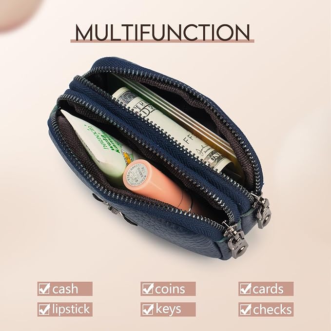 imeetu Women Leather Coin Purse, Small 2 Zippered Change Pouch Wallet