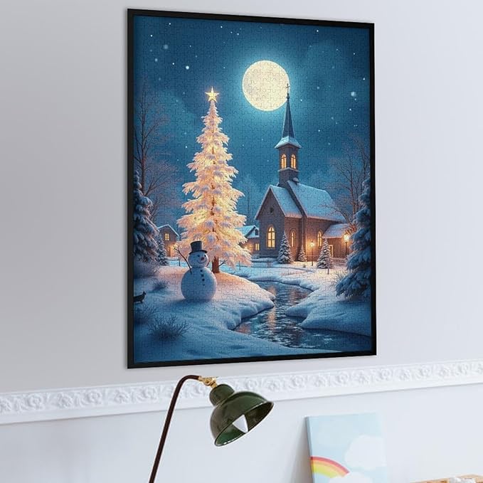 Wooden Puzzle - Church of The Nativity with Snow and Snowmen Jigsaw Puzzles，Wooden Puzzles for Adults 1000 Pieces Challenge Puzzles，Educational Games，Family Puzzles