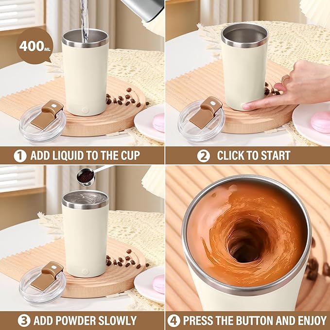 hatisan Self Stirring Coffee Mug With Lid Electric High Speed Self Stirring Mug 400ml Rechargeable Detachable Stainless Steel Self Stirring Cup for Coffee, Milk, Cocoa Christmas Gift(Beige)