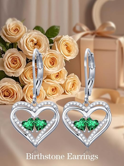 Heart Leverback Earrings Double Birthstone Dangle Earrings for Women, Love Jewelry for Her, Christmas Gifts for Women, Anniversary Birthday Gift for Mom Wife Girlfriend