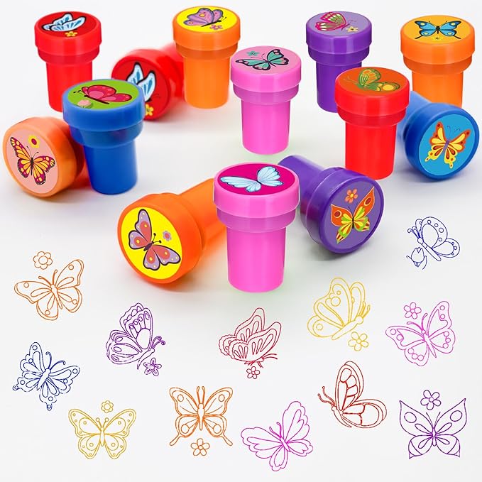Cinrobiye 24 PCS Butterfly Party Stampers – Spring Birthday Favors for Girls Boys, Classroom Rewards, Carnival Prizes, Goodie Bag & Pinata Fillers, Butterfly Theme Party Supplies