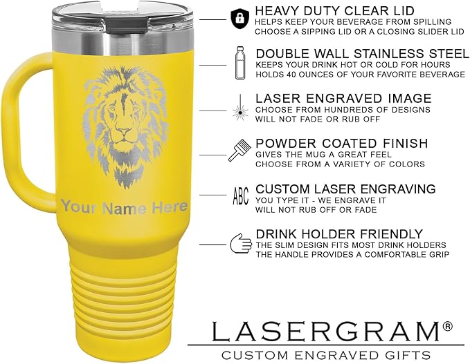 LaserGram 40oz Vacuum Insulated Travel Mug with Handle, Bronco Rider, Personalized Engraving Included (Yellow)
