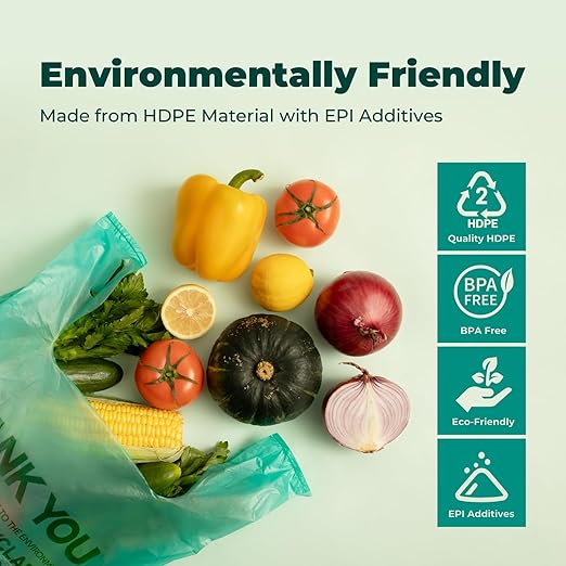 FMP Brands Eco Biodegradable Plastic Grocery Bags - 100 Count with Handles, Thank You T-Shirt Shopping Bags Bulk for Small Business, Restaurant, Groceries, Supermarket