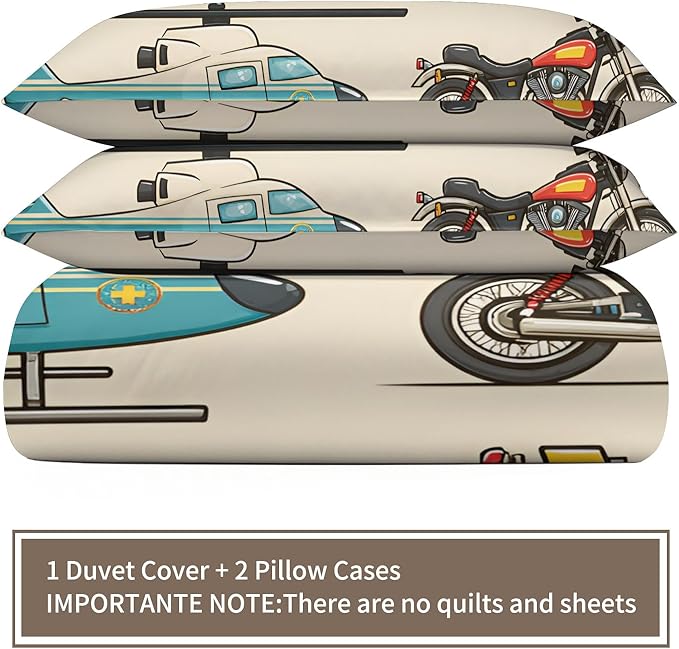 Vintage Rescue Vehicles Bedding Set Full Size Police Car Fire Truck Duvet Cover Emergency Vehicle Comforter Cover Children's Cartoon Car Bedding Set with Zipper Ties for Bedroom