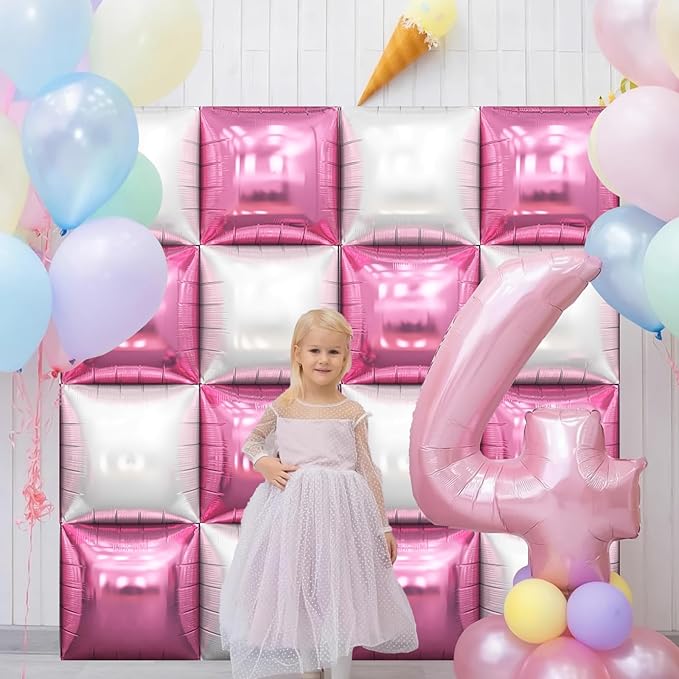 Pink and White Square Balloon, 20 PCS Double Sided Foil Balloons Wall Flat Square Balloon Backdrop for Girls Coquette Birthday Decoration Bridal Baby Shower Party Decoration