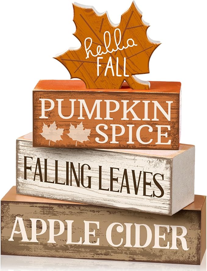 4 Pcs Fall Decor Wooden Maple Leaf Decoration Thanksgiving Tiered Tray Decor Rustic Wooden Maple Leaf Block Sign Thanksgiving Table Centerpiece Farmhouse for Autumn Harvest Party Home Kitchen