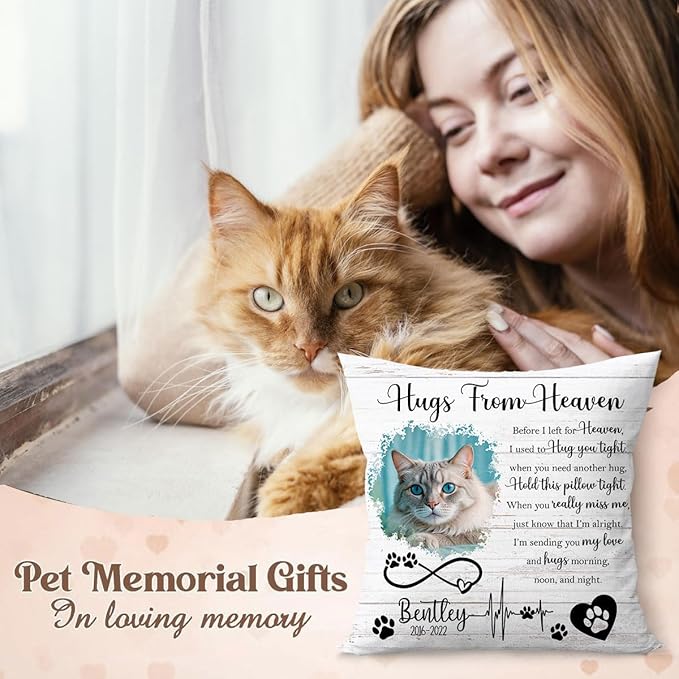 Personalized Pet Memorial Throw Pillow (Insert Included), Hugs from Heaven Cat Memorial Pillow, Cat Memorial Gifts for Loss of Cat, Cat Remembrance Gifts, Cat Memorial Gifts, Pet Loss Gifts