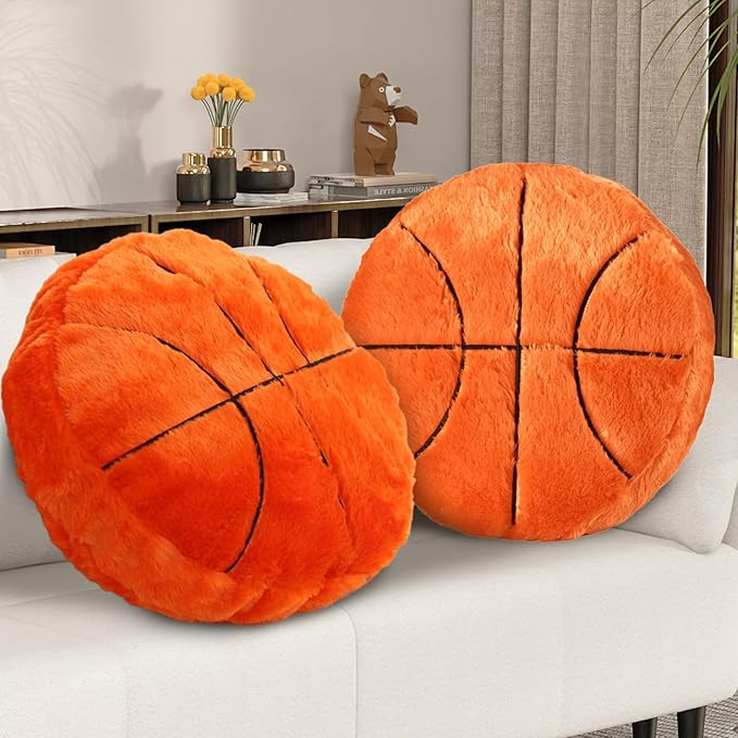 Basketball Pillow,2 Pcs Fun Basketball Plush Throw Pillows,Cute Chair Cusion,Sports Pillows for Boys Room,Soft Decorative Pillow for Birthday Gift Sofa Bed Living Room Decor 15.7"