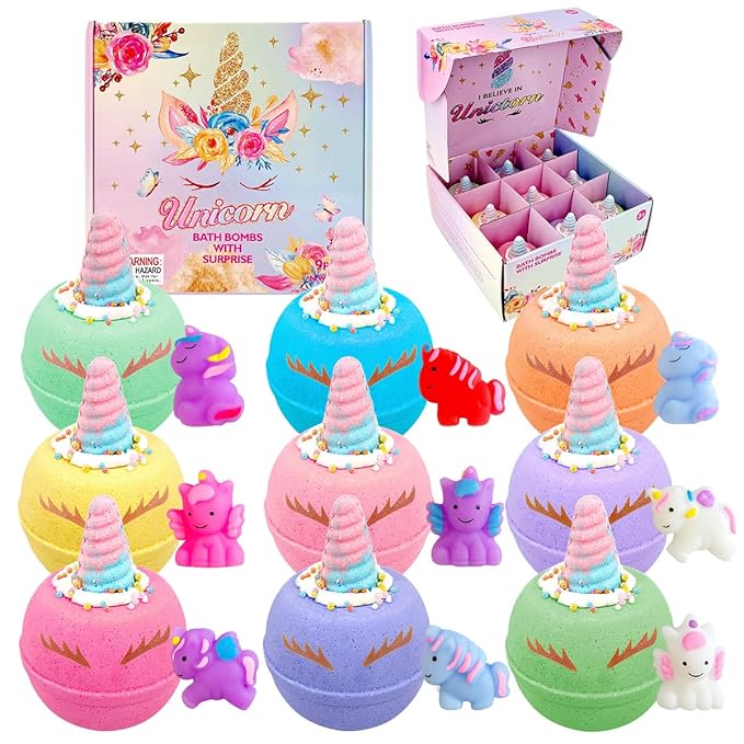Unicorn Bath Bombs for Kids, 9 Large Kids Bath Salts with Squishy Toys Inside, Magic Unicorn Bath Balls with Surprise Inside for Girls…