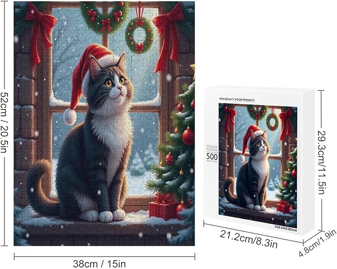 Jigsaw Puzzles for Adults 500 Piece - Christmas Black Cat Wooden Puzzles, Puzzle Games, Stress Relief Games, Funny Puzzles，Unique Gifts for Wall Art